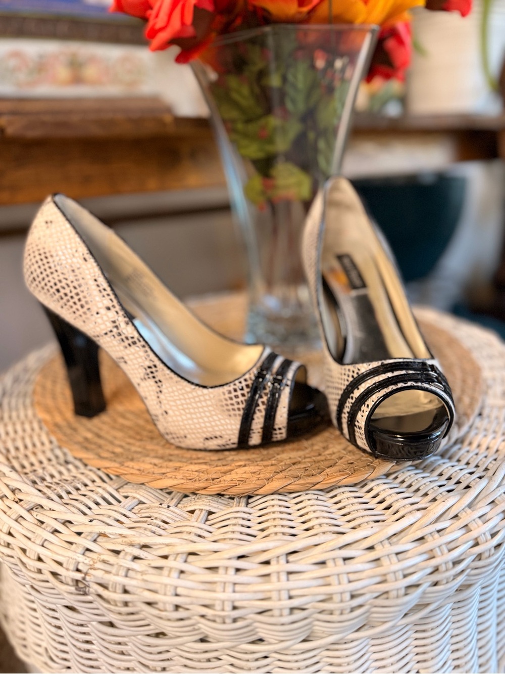 White House Black Market Black & White Peep-Toe Pumps